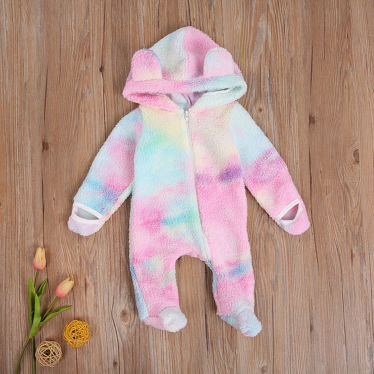 Lijst babymeisjes jongen lange mouwen voetbal jumpsuit capuchon badstof berenoren gradiënt kleur dikke warme lentekleding