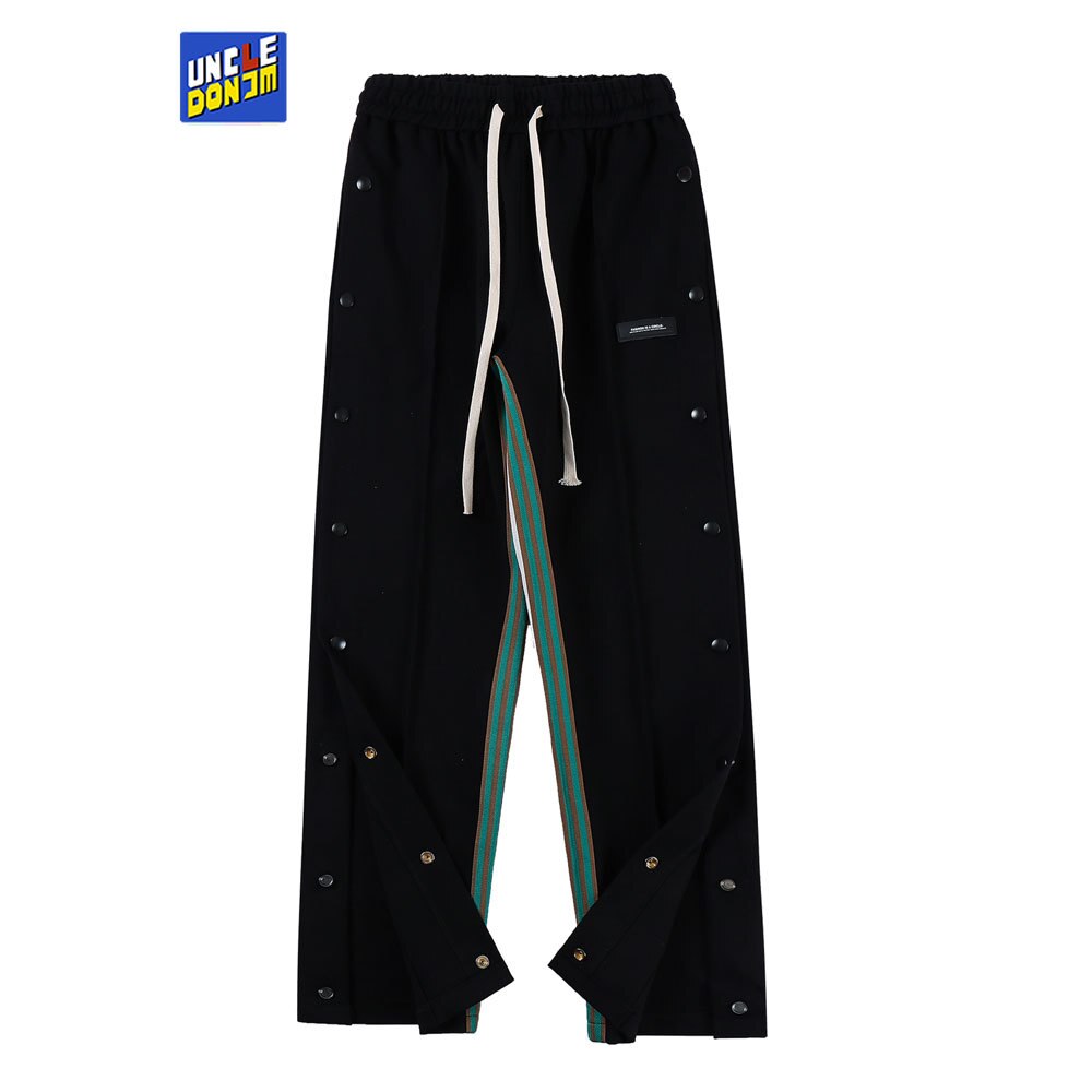 UNCLEDONJM patchwork side striped casual pants men side button slit trousers skateboard sweatpants hip hop pants