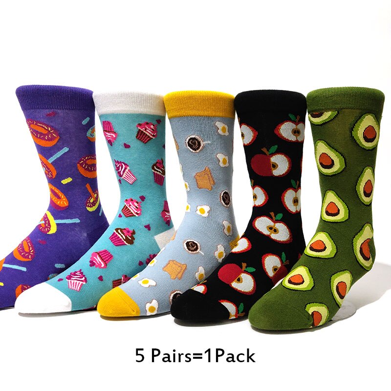 5 Paires/pack Happy Socks D'avocat Sushi Omelette Burger Pomme Nourriture Drôle Coton Chaussettes Femmes Chaussette Longue Hiver Femme: 5 Pairs-4