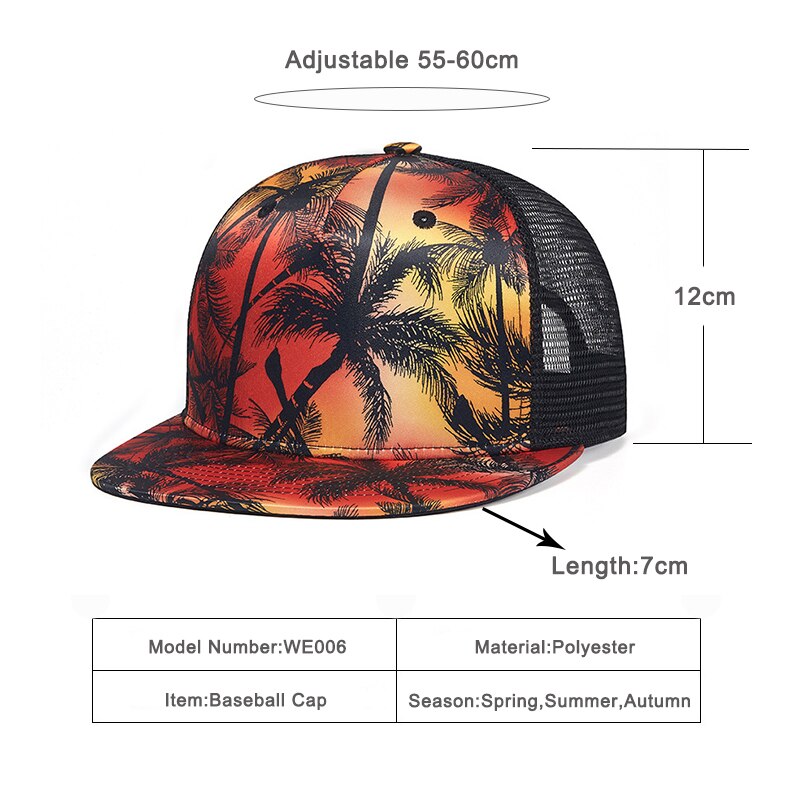 Zomer Mesh Trucker Hoed Voor Mannen Kokospalm Print Platte Rand Hip Hop Baseball Cap Vrouwen Rood snapback Zonnebrandcrème Hoed