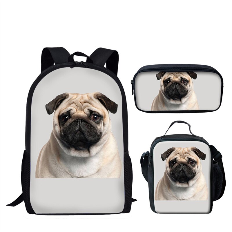 Nopersonality Teenager Girls Pug School BookBag Puppy Bagpack School Bag Print 3Pcs Kids Children Black Backpacks Women Mochilas: L1636CGK