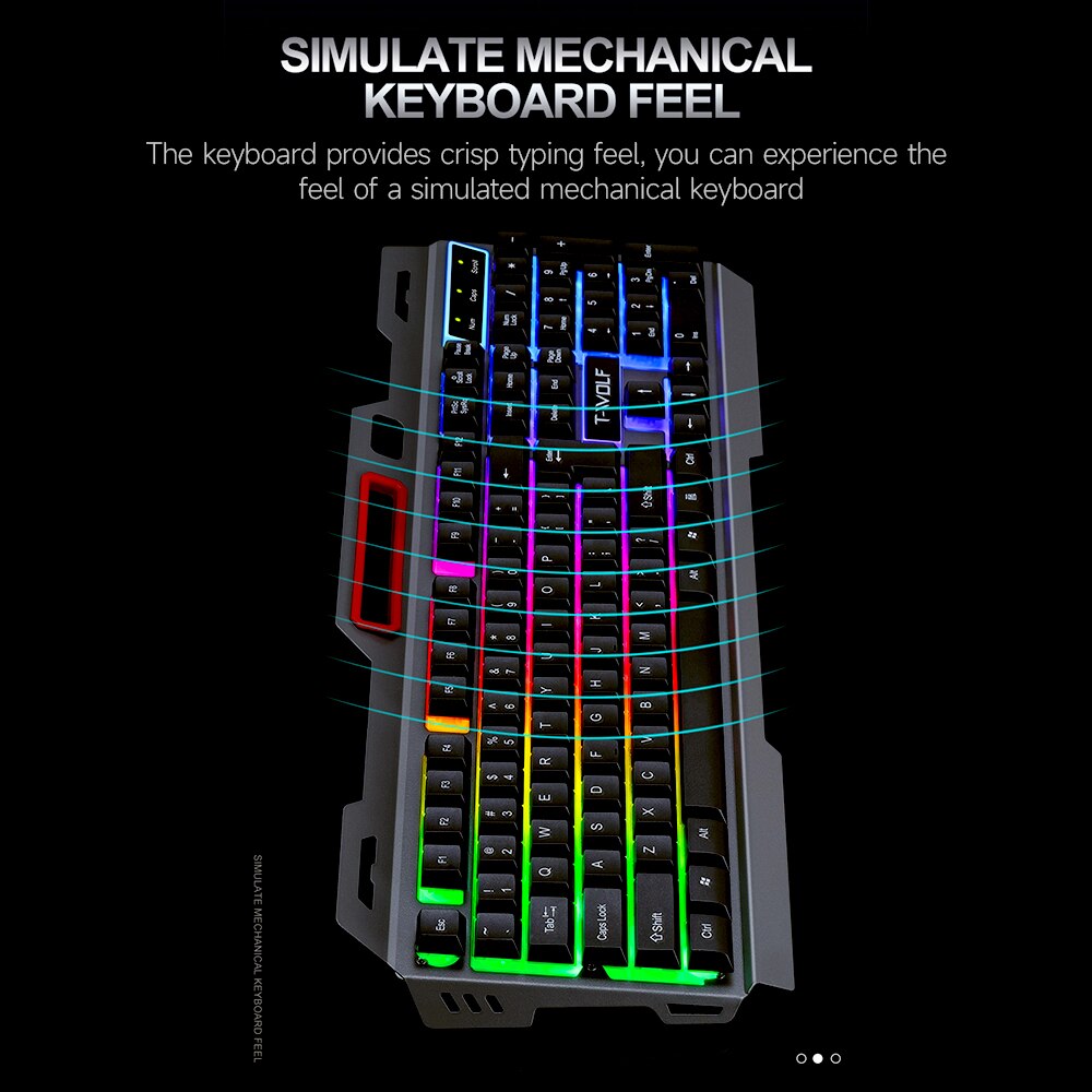 T-WOLF TF-600 Wired Keyboard Mouse Combo 104 Keys Metal Panel Gaming Keyboard Suspension Keycap 4-gear 2400DPI Mouse for Game