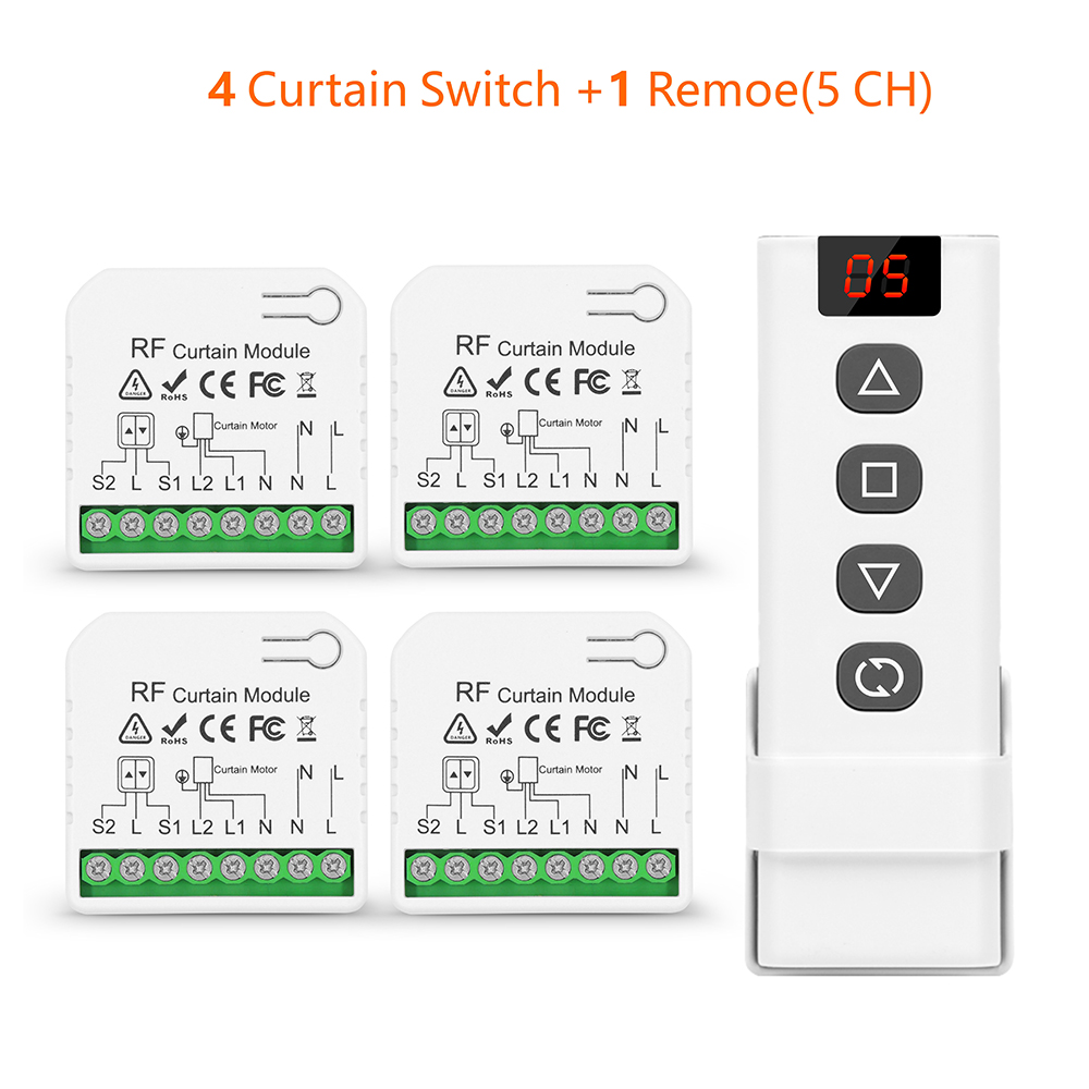 433Mhz Curtain Roller Shutter Wireless Switch and 5-in-1 Transmitter 110V 220V RF Module for Remote Control Blind/Awning/Motor: Brown