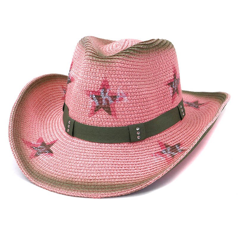 Hat Men Women National Style Western Cowboy Hats Pink Outdoor Seaside Sun Protection Shade Straw Cap QDKPOTC