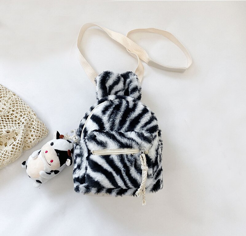 Children's Plush Multi-Functional Kids Backpack Girls Lovely Rabbit Ears Shoulder Bag 3D Cartoon Animal Backpack: zebra