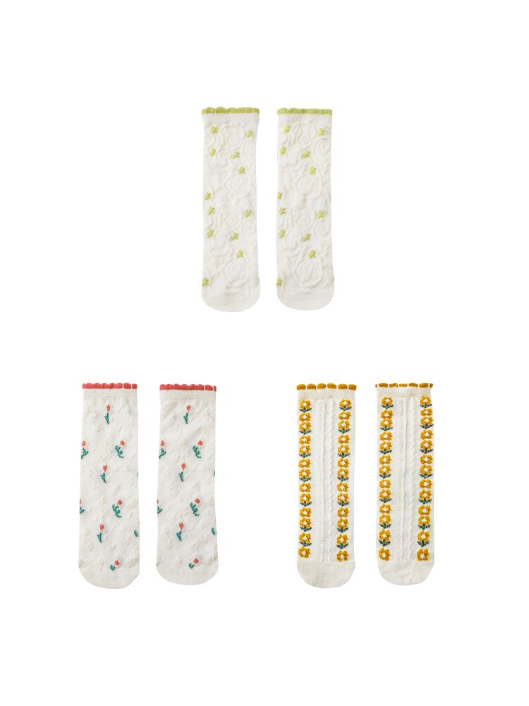 Girls' Pastoral Style Socks 2022 Spring Wavy Edge Three-Dimensional Flower Medium Tube Socks