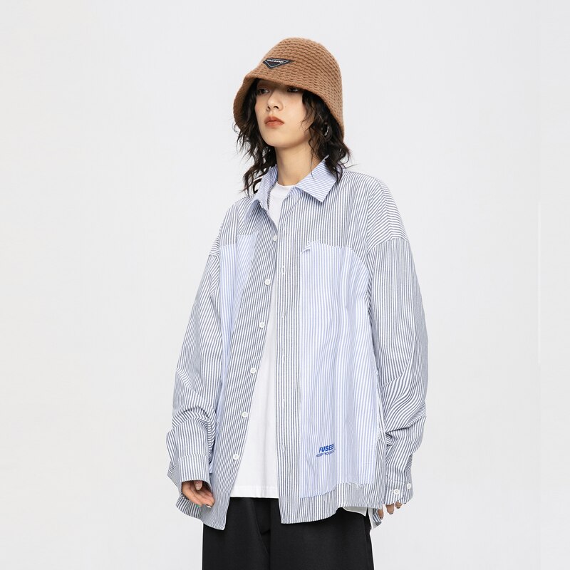 Stripe Splice Shirts Men Loose Casual Long Sleeve Shirt City Boys Girls Streetwear Korean Hip Hop Shirt Oversize