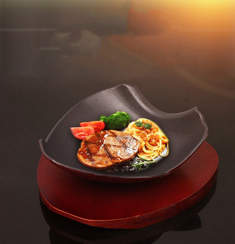 Cast Iron Roasting Steak Pan Non Stick Roast Enamel Fried Pot Plate Frying Pan With Wooden Base Holder Home Cookware Irregular