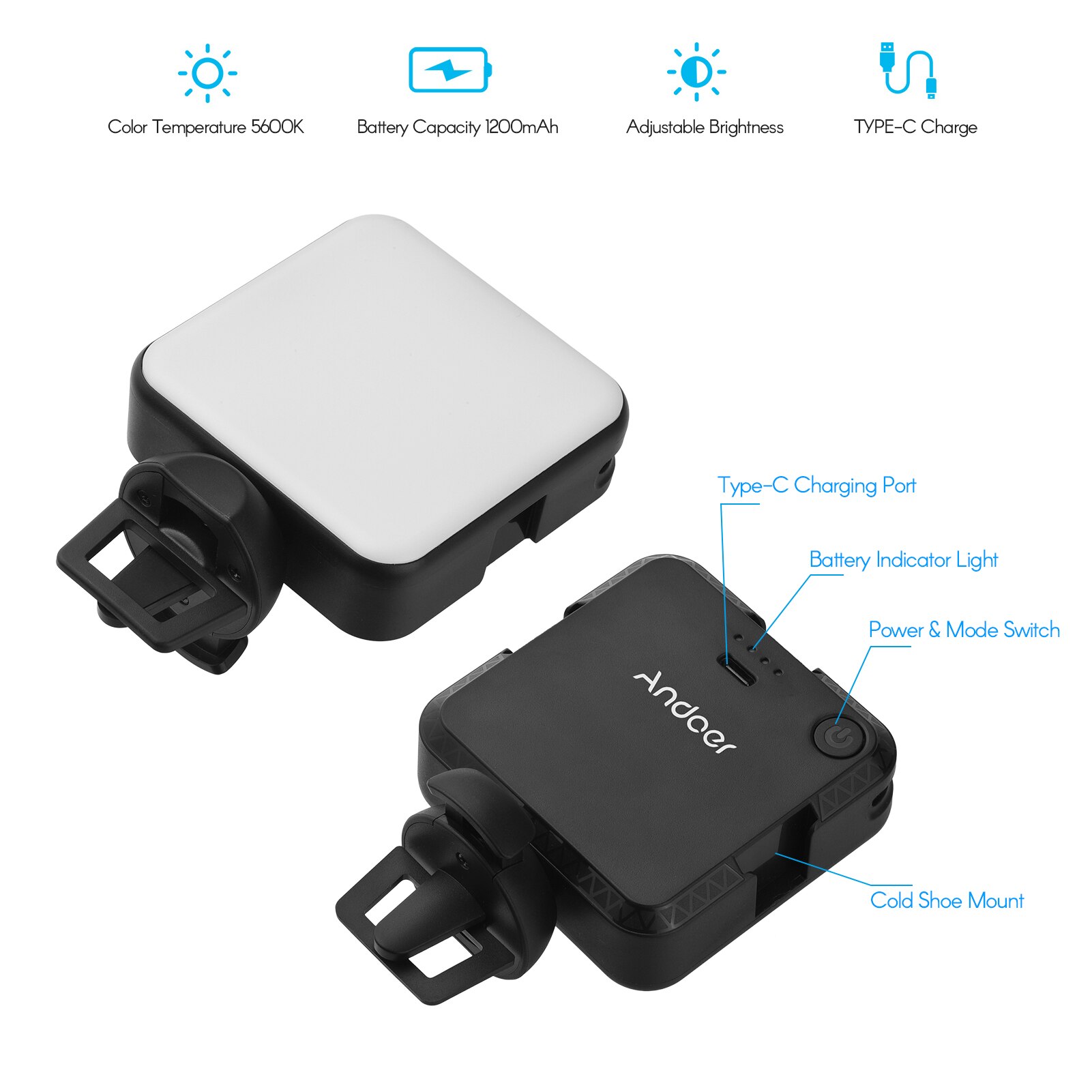 Andoer W36 Mini LED Video Light - 5600K Daylight - Adjustable Brightness - 3 Cold Shoe Mounts