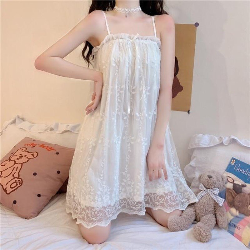 Nightgowns Women Summer Square Collar Feminine Sleeveless Baggy Cozy Lace Preppy Style Girlish Knee-length Homewear Chic Newest