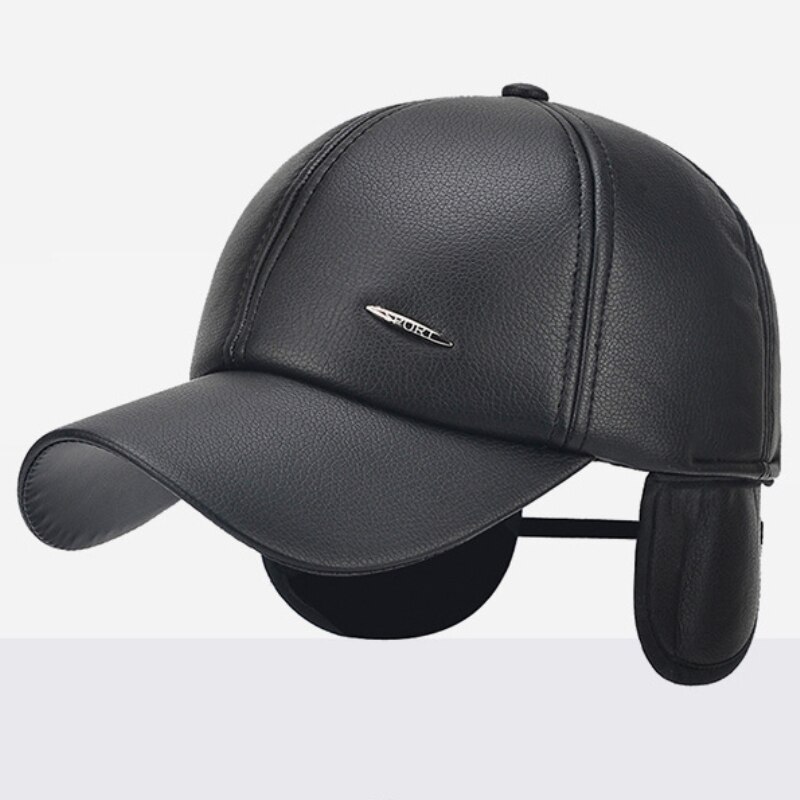 HT1876 PU Leather Baseball Caps Men Solid Black Snapback Baseball Hats Warm Winter Hats Caps for Men Adjustable Earflap Dad Caps
