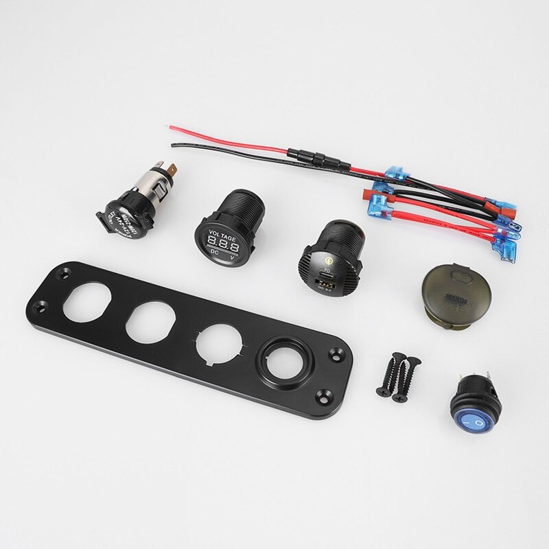 Kfz-schnellladegerät mit  qc3.0 usb-c-anschlüssen, led-voltmeter und 12v steckdosen sowie ein-/ausschalter für auto, boot, wohnmobil, lkw und suv