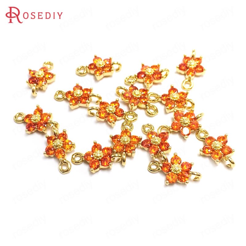 Breloques en laiton et Zircon, lot de 10 pièces de 8MM 24K couleur Champagne or 2 trous fleur connecter pendentifs fournitures de fabrication de bijoux: Orange