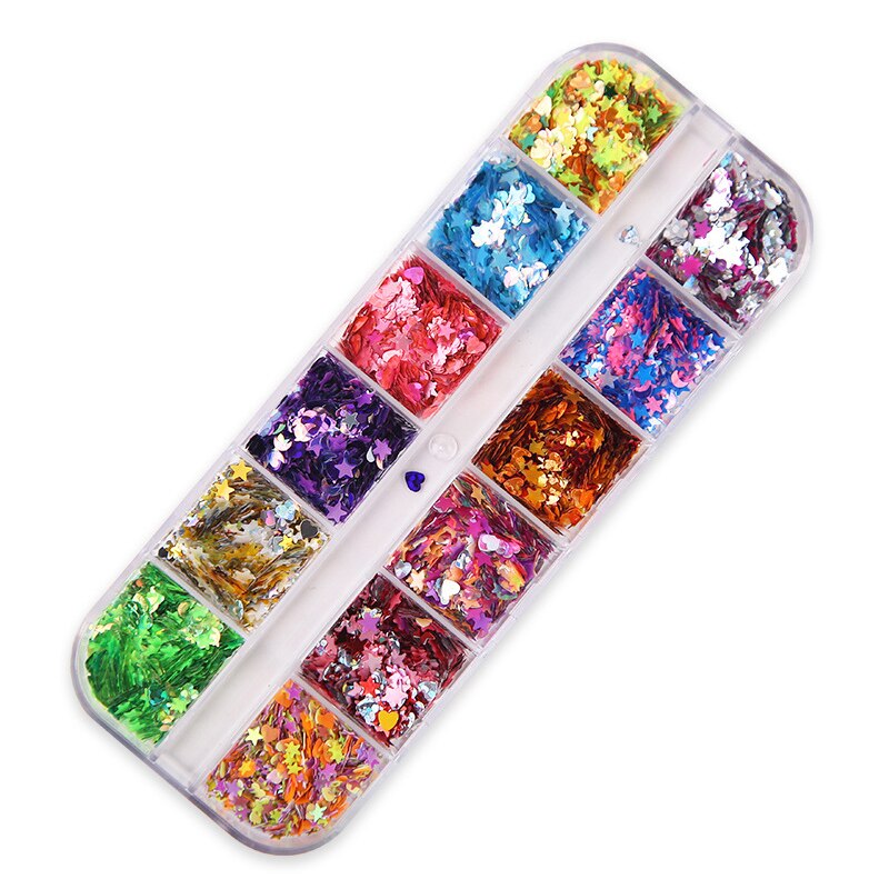 3D Vlokken Plakjes Zachte Aardewerk Nail Glitters Art Decorations Nail 12 Grid Box Nail Decoratie Gemengde Sequin Set Ster En maan: 06