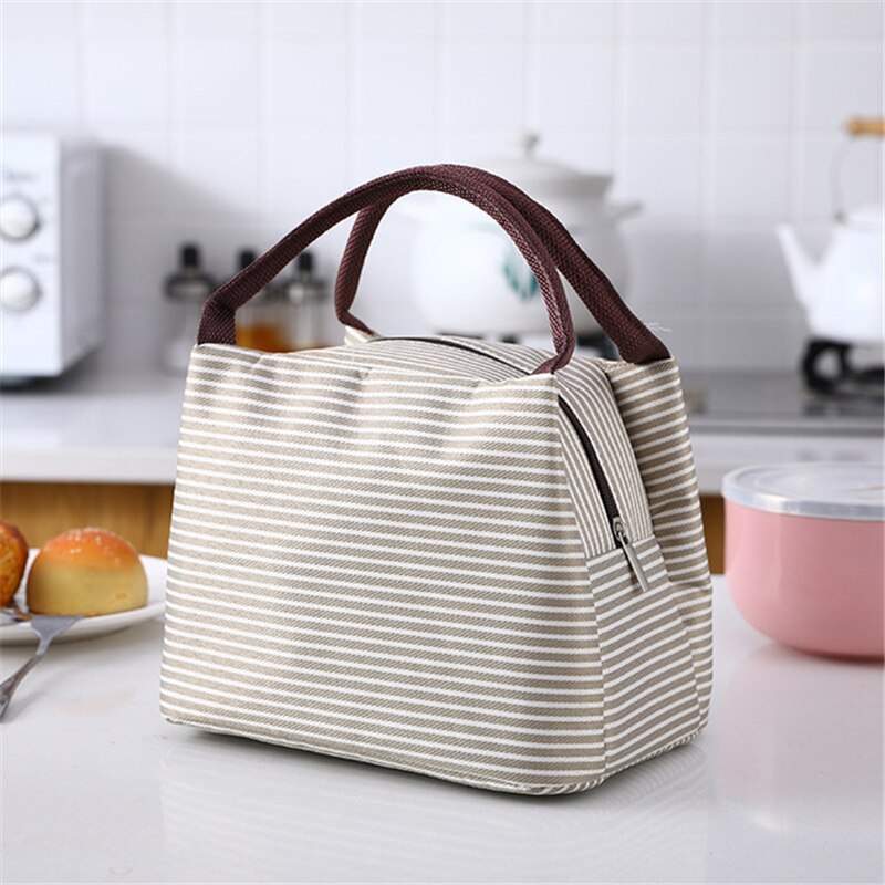 Lunch Bag Kid Women Men Thermal Insulation Waterproof Portable Picnic Insulated Food Storage Box Tote Lunch Bag: 04 Beige Striped