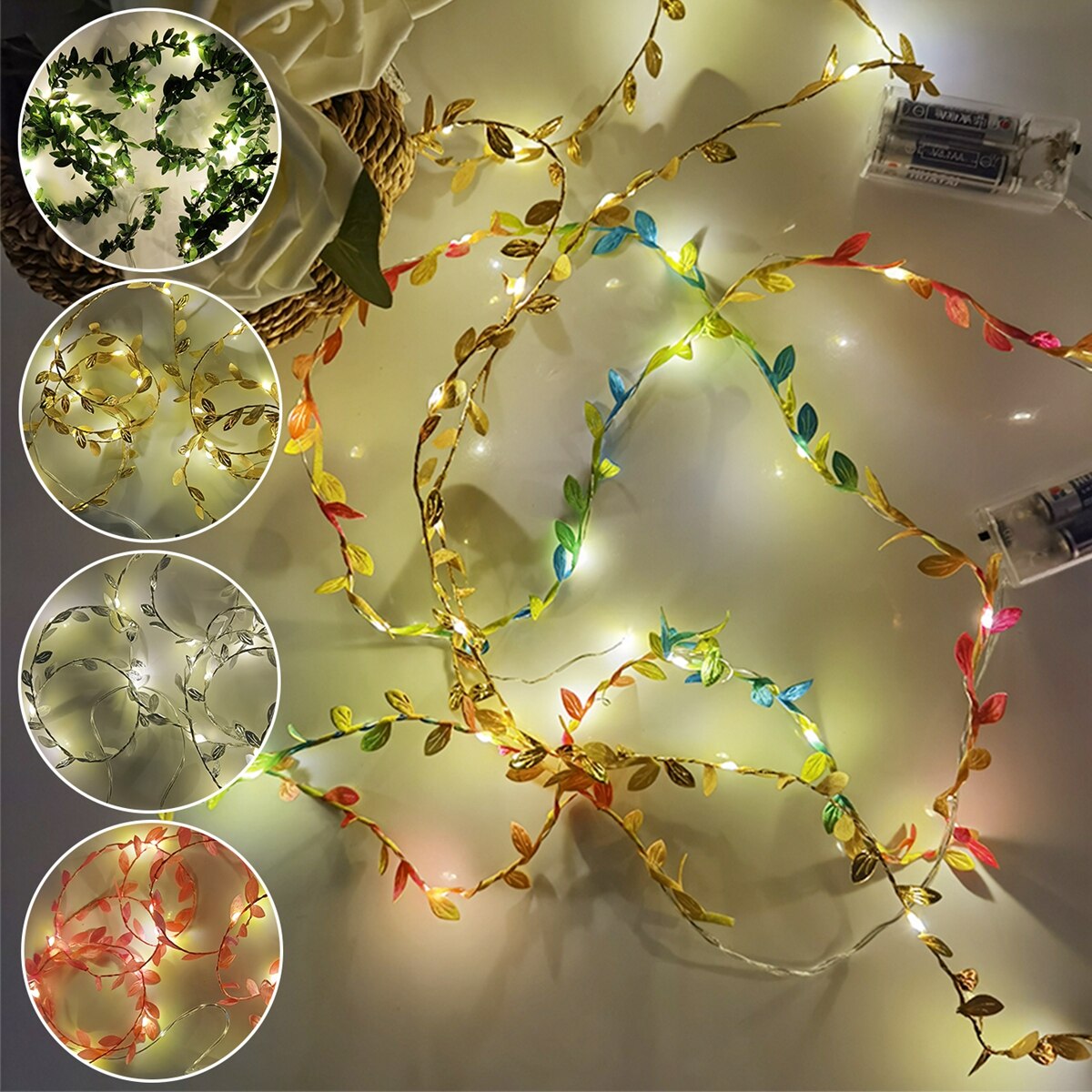 Guirnalda de hojas blancas cálidas para decoración del hogar, luces de hadas alimentadas por batería, con hojas de vid y hiedra, para bodas y jardín, 20 led