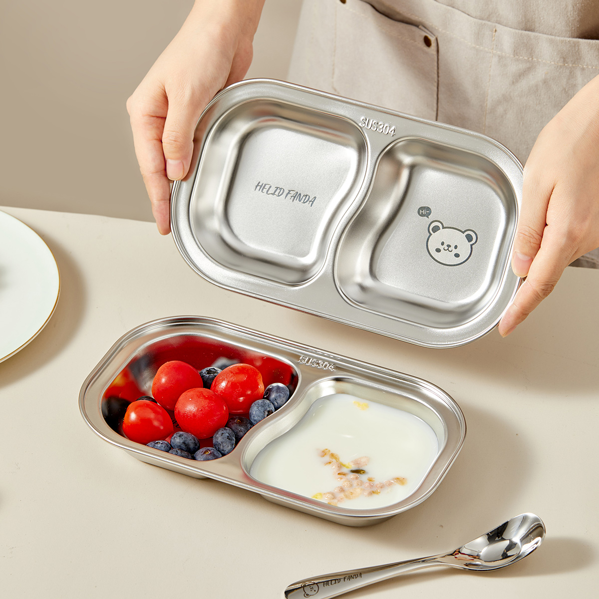 WORTHBUY Stackable 304 Stainless Steel Dinner Plate Kid Divided Dining Plate Cute Snack Tray With Compartments Kitchen Tableware