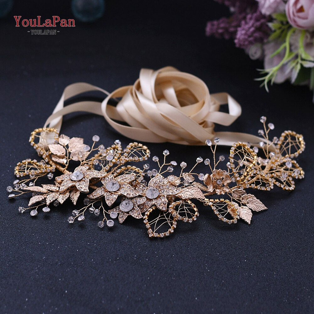 YouLaPan, cinturón Floral con diamantes de imitación, cinturón dorado para mujer, cinturón brillante, cinturones de boda para señora, cinturón nupcial con flores doradas SH282: Champagne ribbon