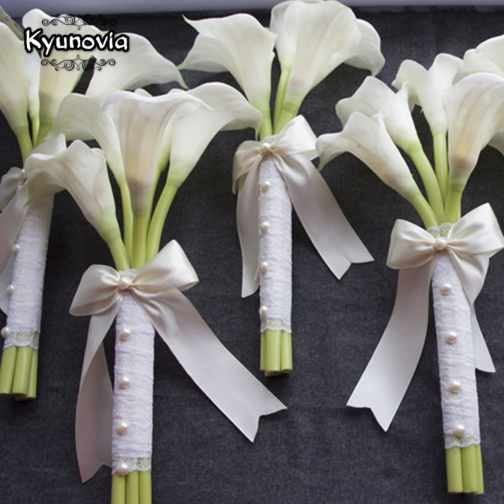 Kyunovia Latex Real Touch Artificial Calla Lily 5 Stems Flower Bouquet Bridal Bridesmaid bouquet White Wedding Bouquet D76