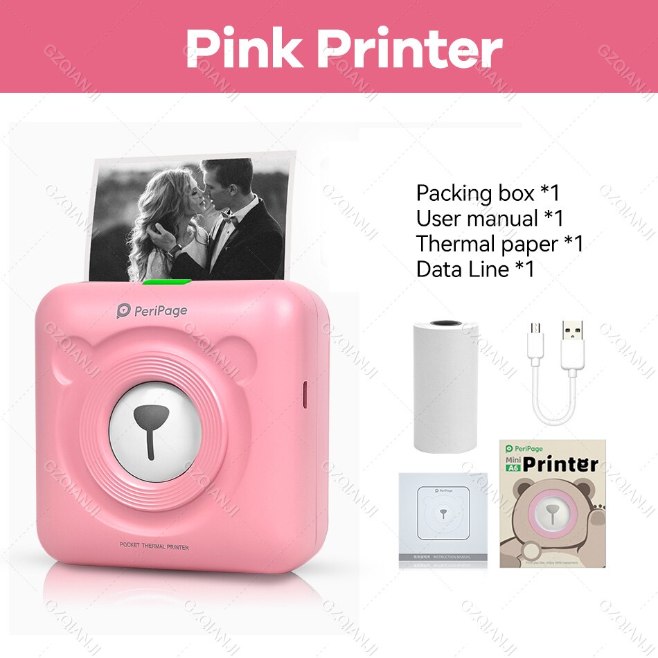 PeriPage A6 Portable Thermal Bluetooth Printer Picture Photo Mini Label Sticker Wireless Printer for Android IOS Paper Rolls: Pink Printer