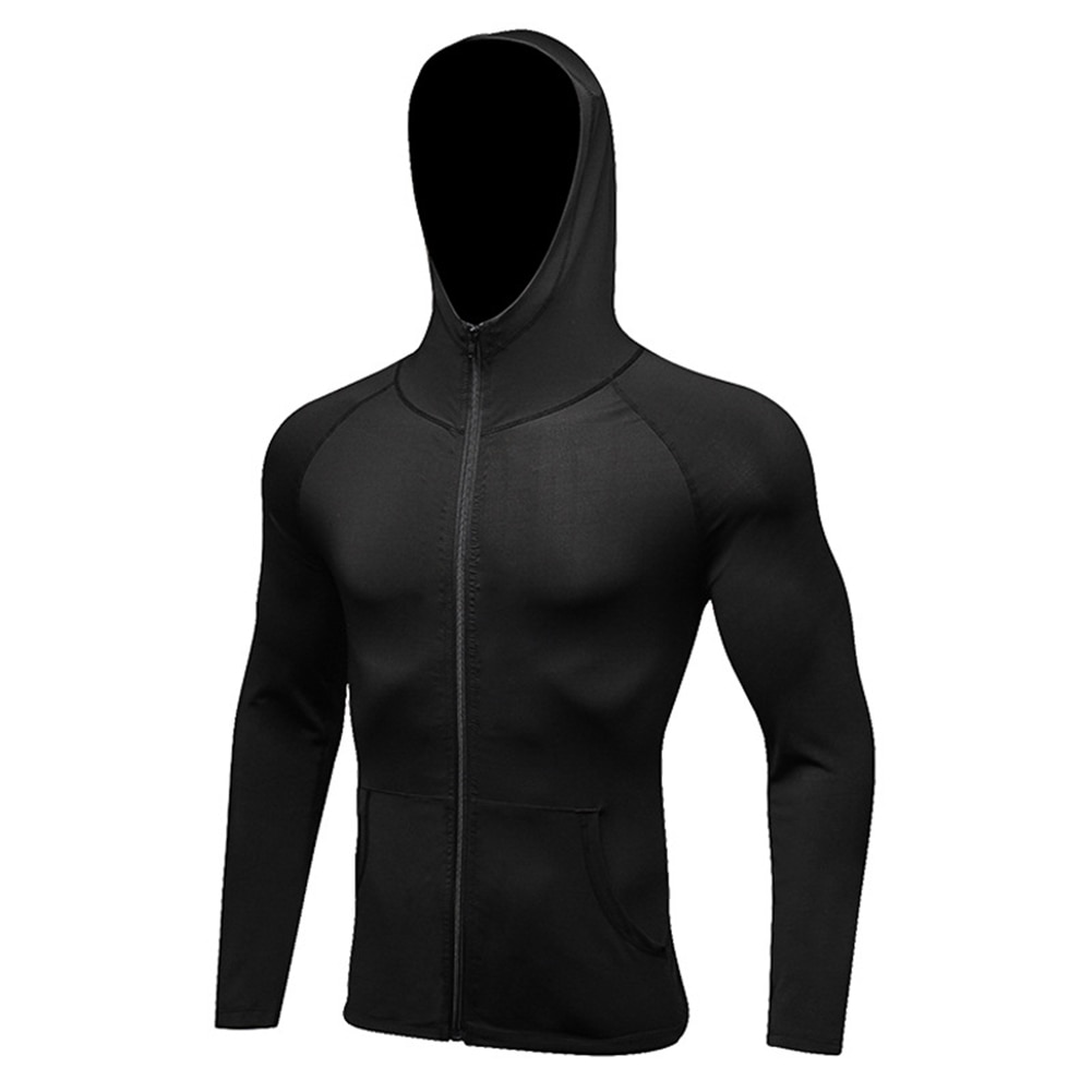 Men Sports Training Hooded Coat Quick Dry Long Sleeve Workout Athletic Hoodie Jackets Mens Running Jackets Fitness Sports Coat: S / Black