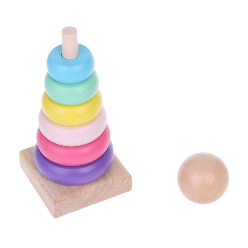 Warme Kleur Regenboog Stapelen Ring Toren Stapelring Blokken Hout Peuter Baby Speelgoed