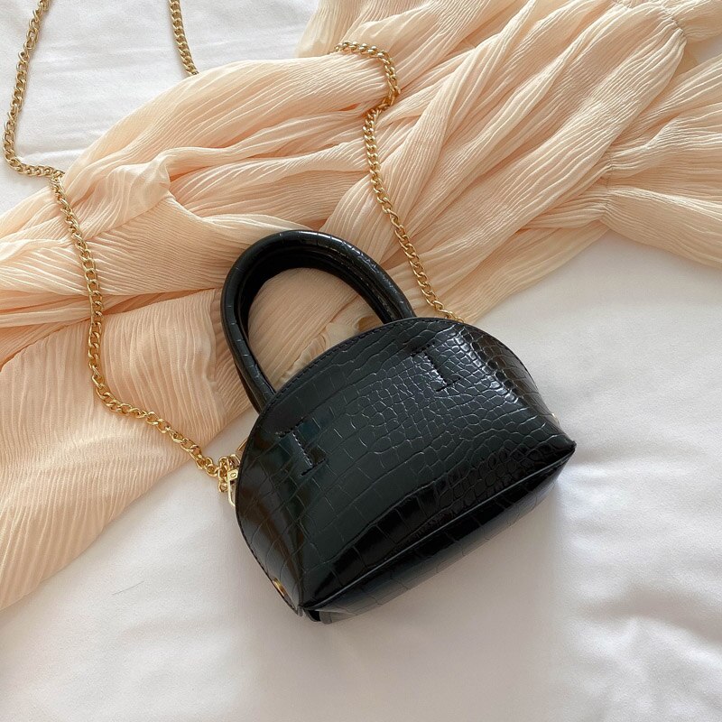 Mini-tas met krokodillenmotief, pu-leren dameshandtas, schoudertas met ketting: Zwart