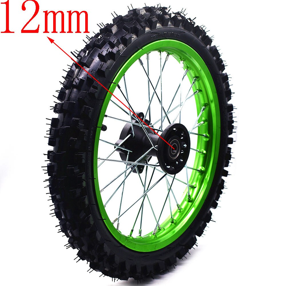 Front 14inch Pit Bike wheels GuangLi 60/100-14 Tyre Aluminum Alloy Rims with 32 holes spoke KTM CRF PRO KLX YZF 110cc: 12MM Green