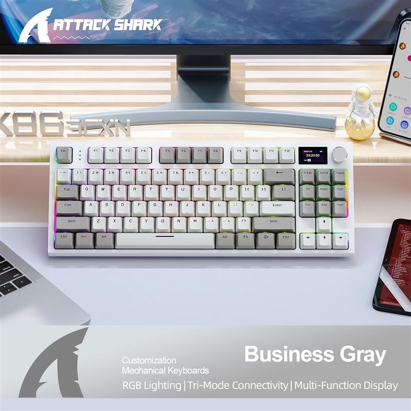 ! K86 Wireless -Swappable Mechanical Keyboard Bluetooth/2.4g With Display Screen and Volume Rotary Button for Games: grey