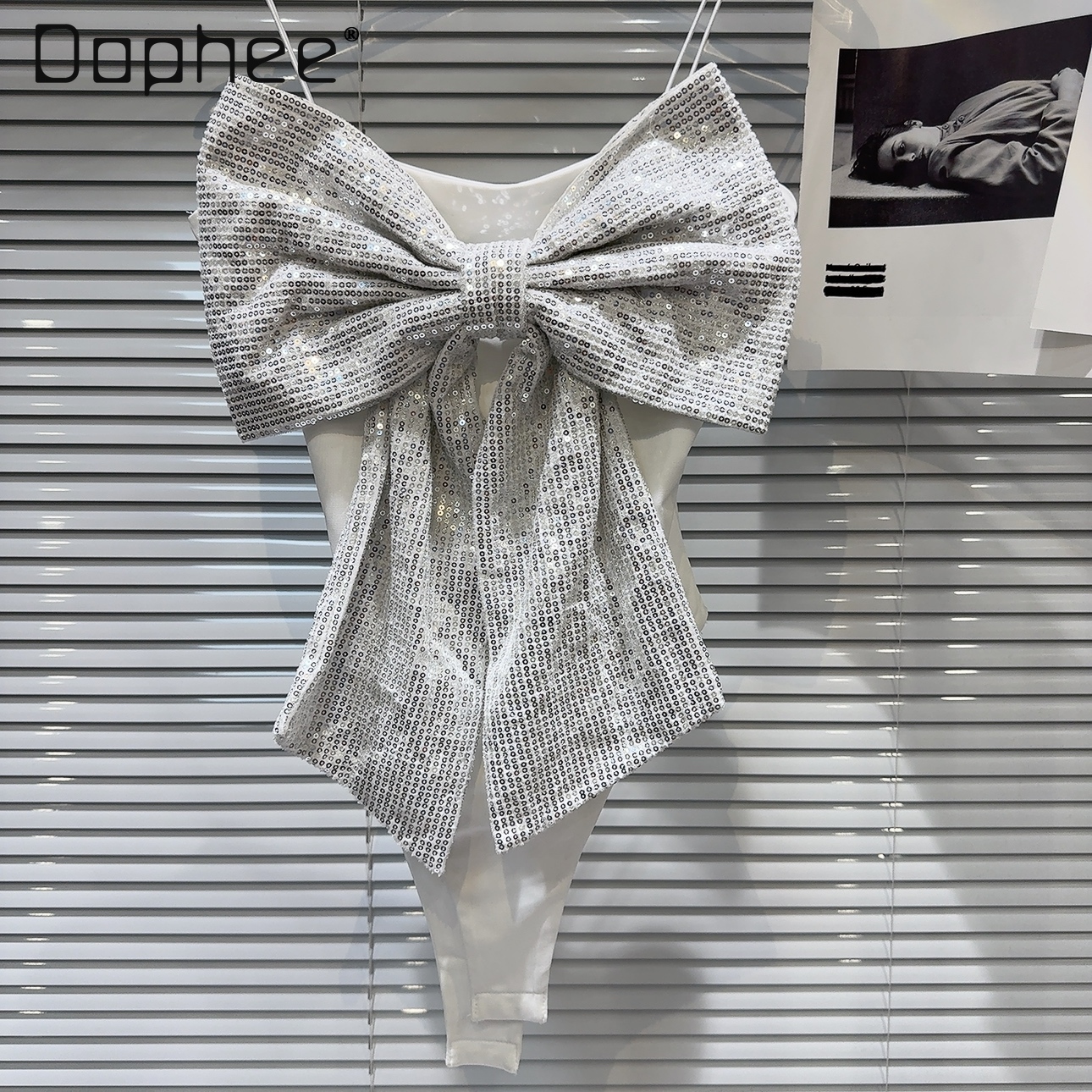 Camiseta sin mangas con lazo grande y lentejuelas para mujer, ropa interior de una pieza plateada, bonita y Sexy, verano 2024