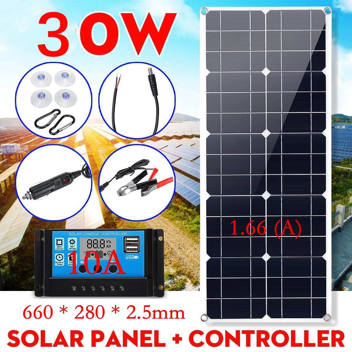 18v 20w/25w/30w solcelleoplader solbatteri 10a controller monokrystallinsk alligator klip usb bil udendørs blysyre dej: 30w model 1