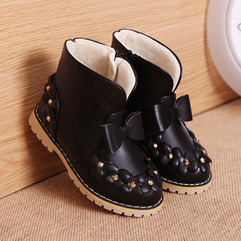 Herbst-Winter-kinderstiefel, wasserdichte pu-stiefel für mädchen, 3-8t flache freundlicher-schneestiefel, warme mädchenschuhe: Schwarz / 11.5