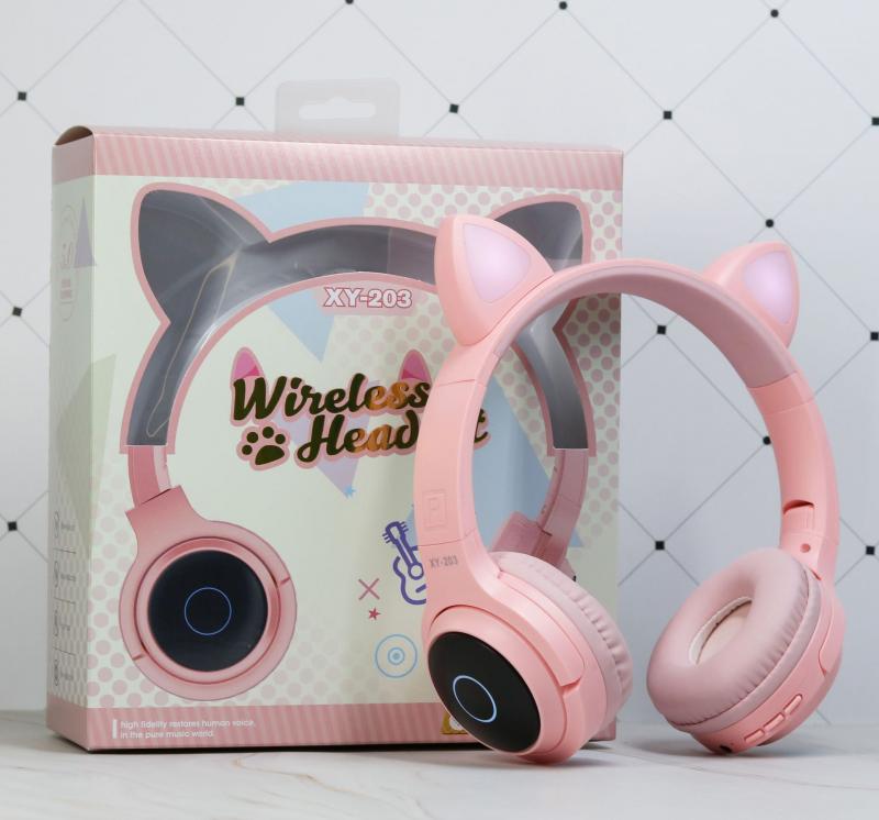 XY-203 Cat Ear Bluetooth 5.0 Headphones LED Light Noise Cancelling Girls Kids Cute Headset Radio Mic Wireless Headphones: pink