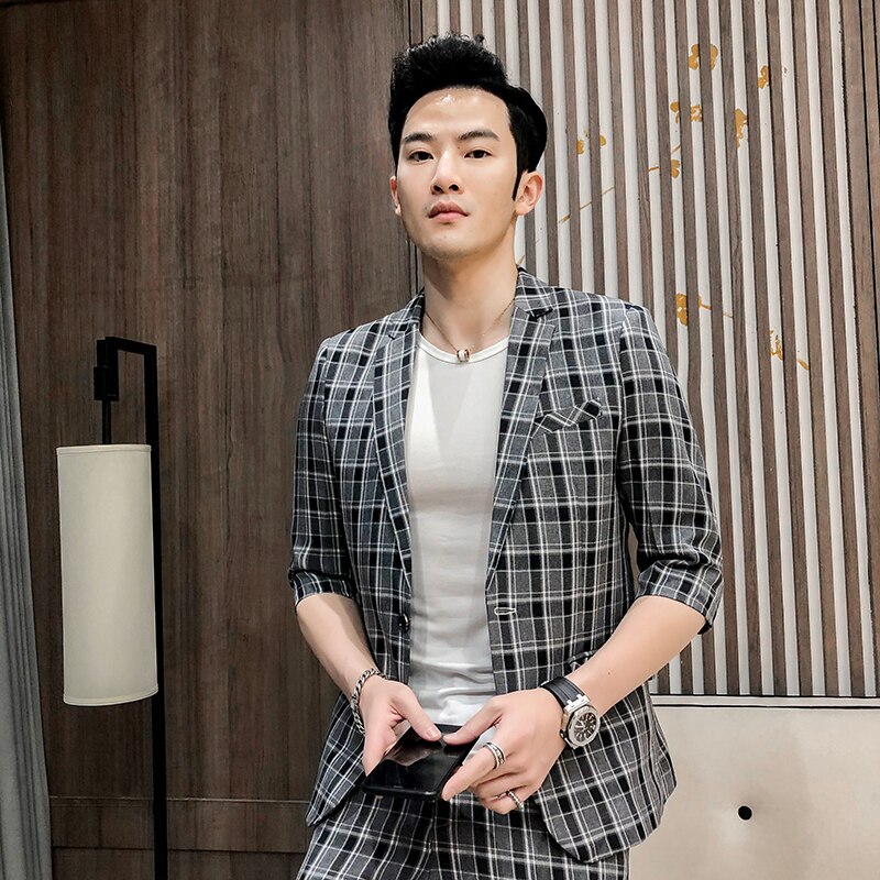 Men's Half Sleeve Blazer Suit Two Piece Set Jacket Pants British Style Slim Fit Plaid Business Dress Coat Trousers