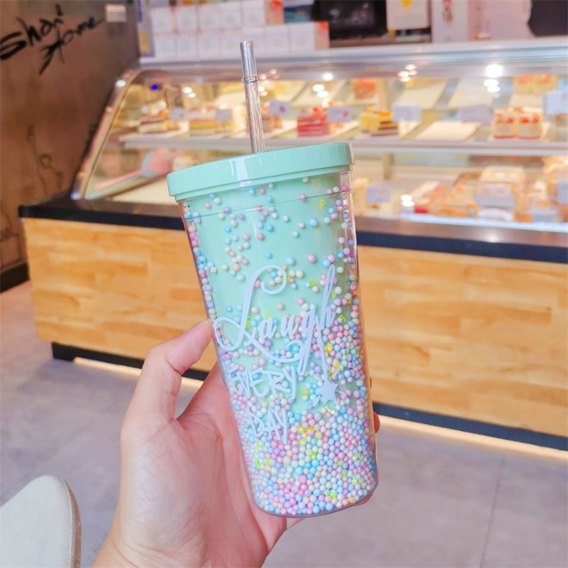 Straw Cup Double Layer Eco-Friendly Plastic Drinkware Ins Girl Water Cup Anti-fall Milk Coffee Cups For Home Office J170: 6