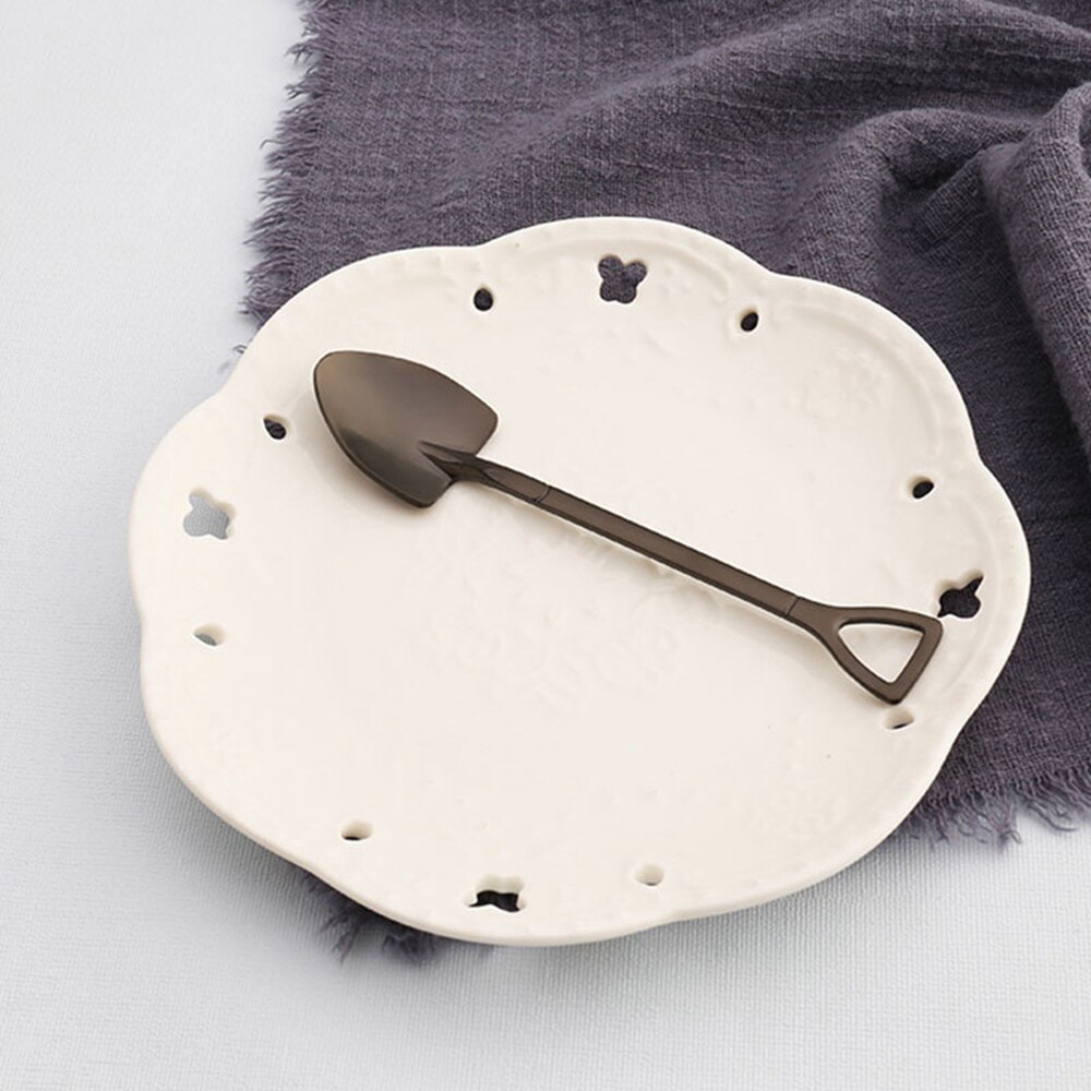 Kitchen Stainless Steel Dessert Shovel Spoon and Fork Picnic Travel Cute Ice Cream Spoon Fruit Fork Set: Spoon(black )