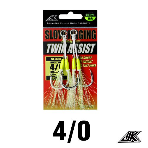 JK Fishing Hooks Sea Glow 1/0 2/0 3/0 4/0 Fish Assist Hook Twins Double Fishery Fishhooks Jig Slow Feather for Fishing Attract