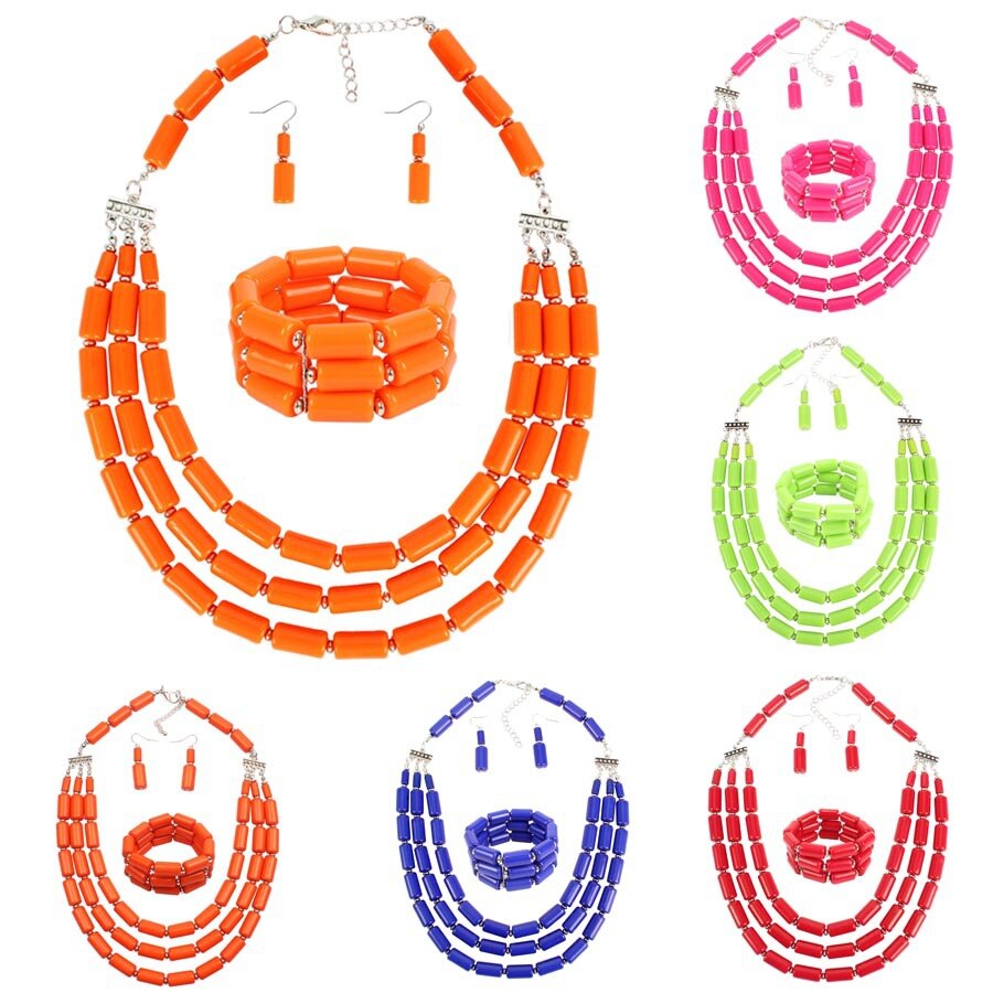 Een Set 3rows Orange Coral/Paars/Groen/Blauw Acryl Kralen Ketting/Armband/Oorbellen