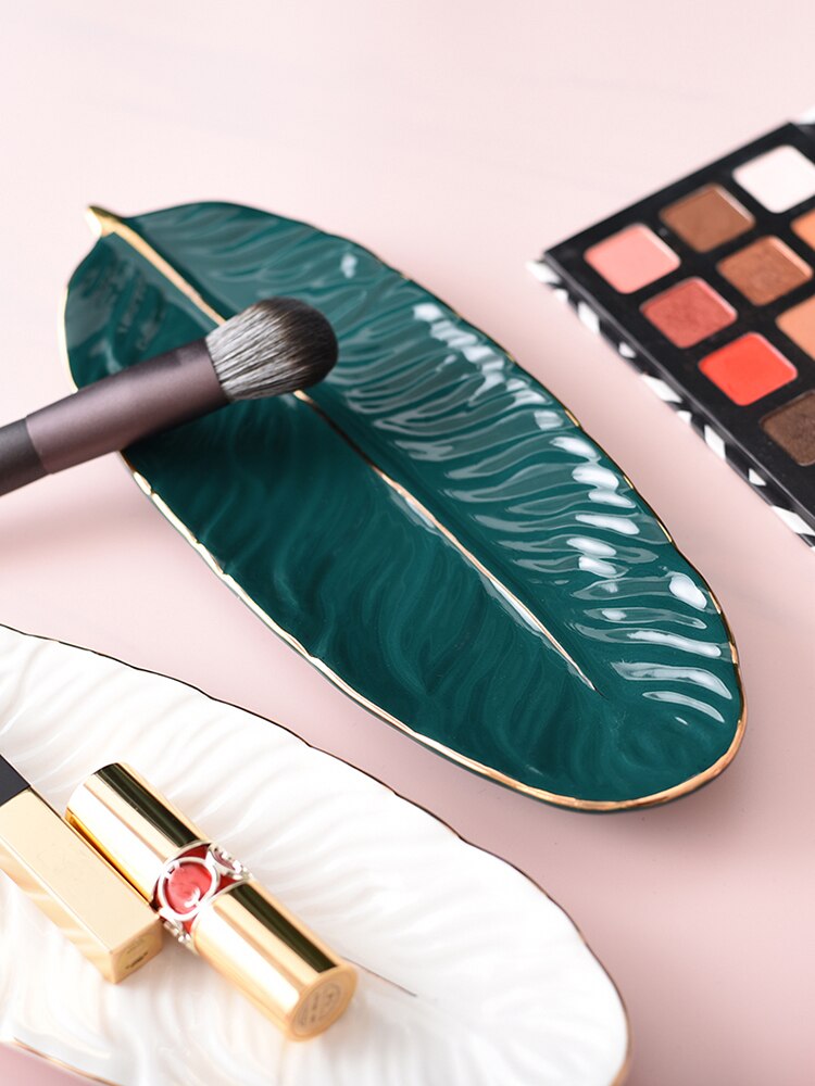 Leaf Ceramic Gold Inlay Cosmetics Jewelry Storage Tray Cake Candy Dessert Plate Key Watch Place Feather Plates Decorative Plate