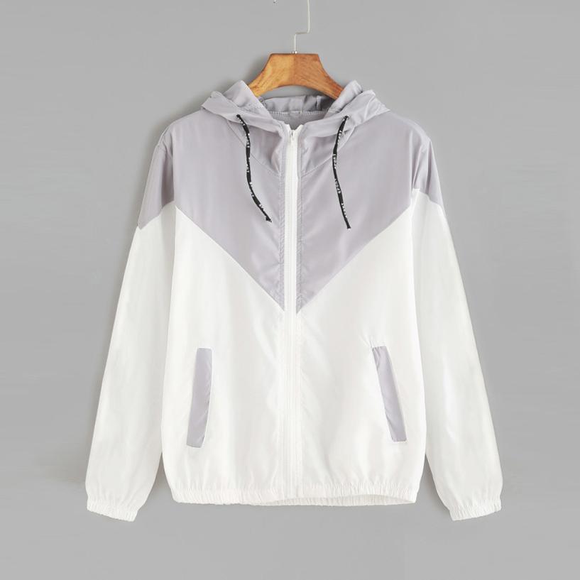 Vrouwen Basic Jassen Vrouwelijke Rits Zakken Casual Lange Mouwen Jassen Herfst Capuchon Twee Tone Windjack: Grijs / S