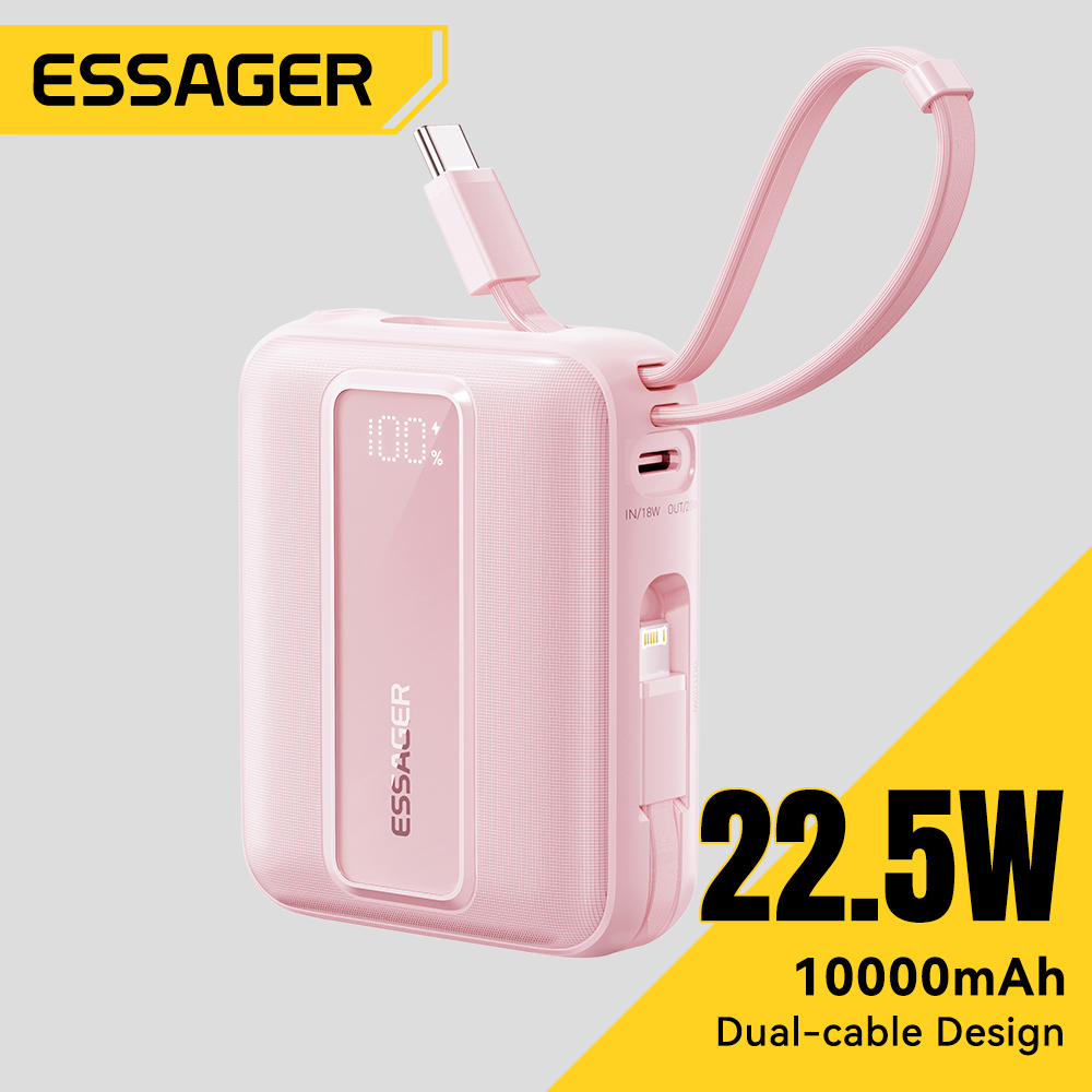 Essager 20000mAh Power Bank PD22.5W Dual Cable Fast Charging Powerbank Portable External Battery Charger For iphone Huawei ipad