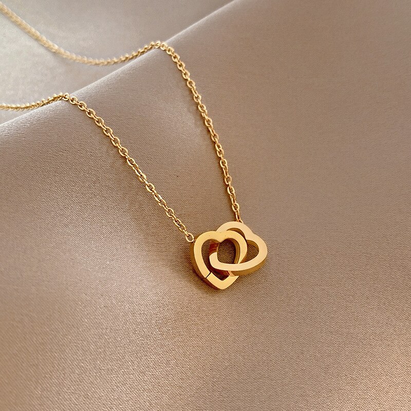 Coração duplo colares para mulheres de aço inoxidável pingente de corrente de ouro gargantilhas em forma de coração colar de jóias de casamento presente femme
