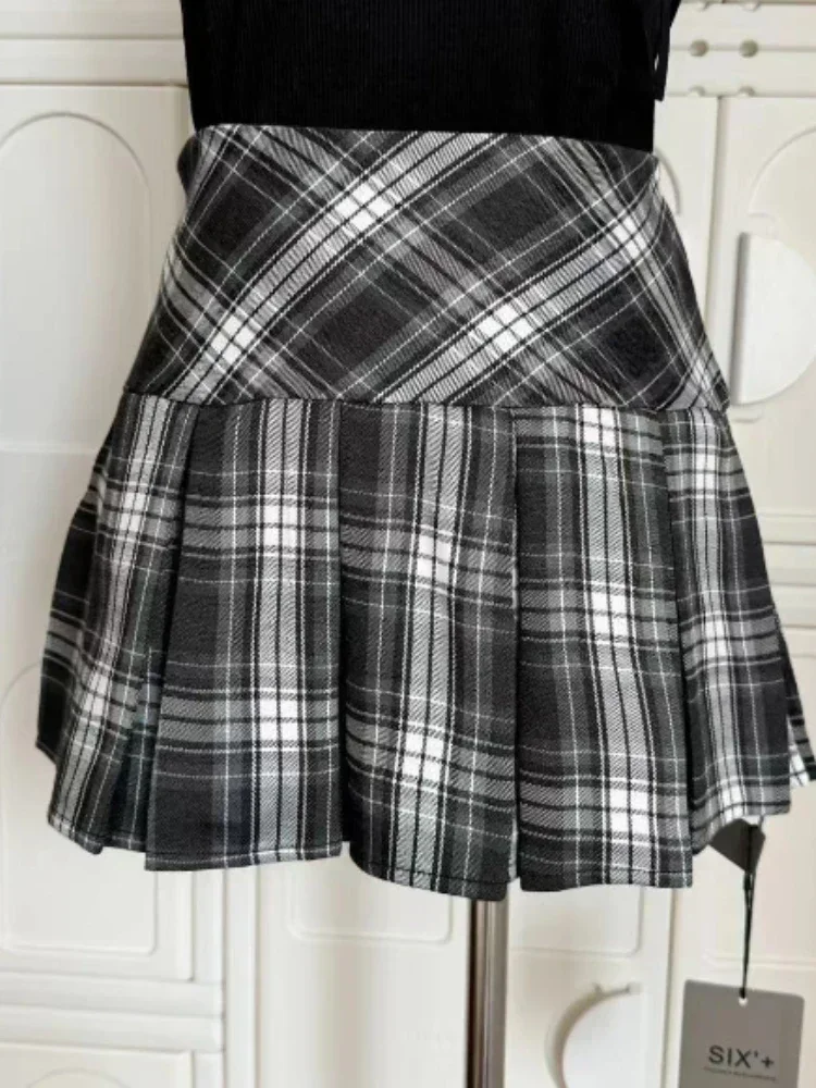 Conjunto de 3 piezas de Falda de punto Vintage para mujer, suéter gris informal, Tops + Chaleco de encaje para niña + minifalda a cuadros, ropa de invierno, otoño: XS / Castaño