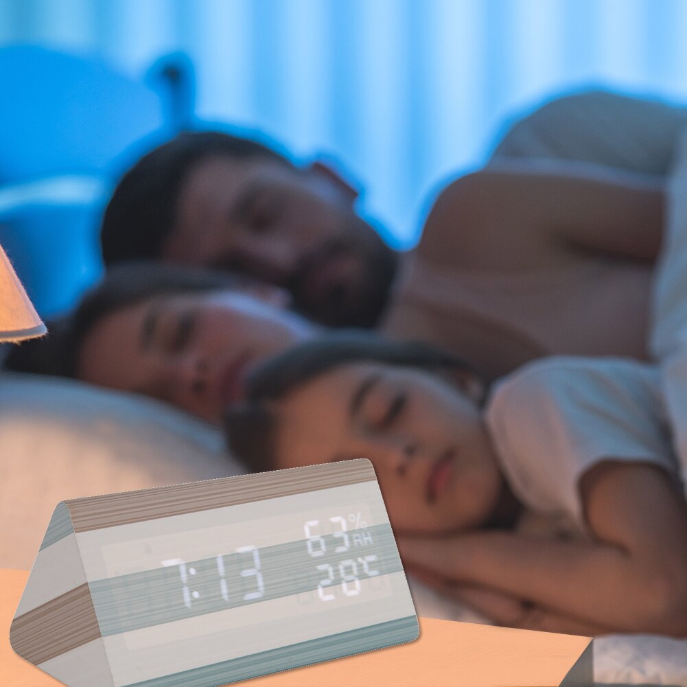 Wooden Digital LED Alarm Clock Adjustable Sound Control Temperature Humidity Table Watch Home Bedroom Desktop Decor