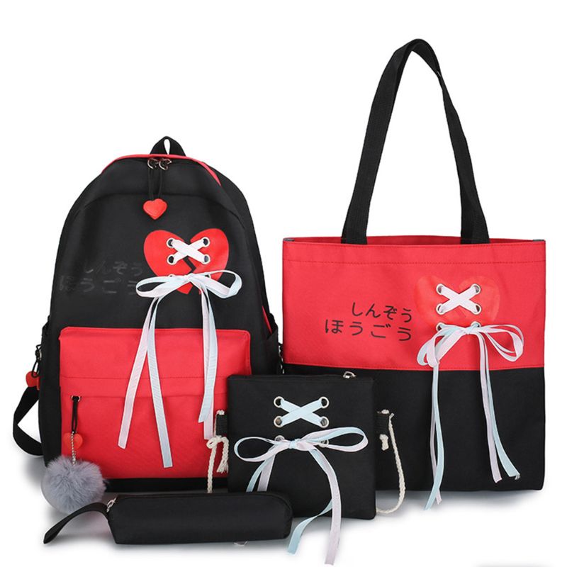 4pcs Canvas School Backpack Daypack Ribbon Shoulder Bags Handbag Pencil Case Set A69C: black