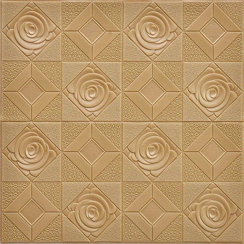 5Pcs 3D Self-adhesive Wall Sticker Wall Panel Ceiling Rose Pattern Waterproof Moisture-proof Foam Wallpaper Living Room Decor: Champagne