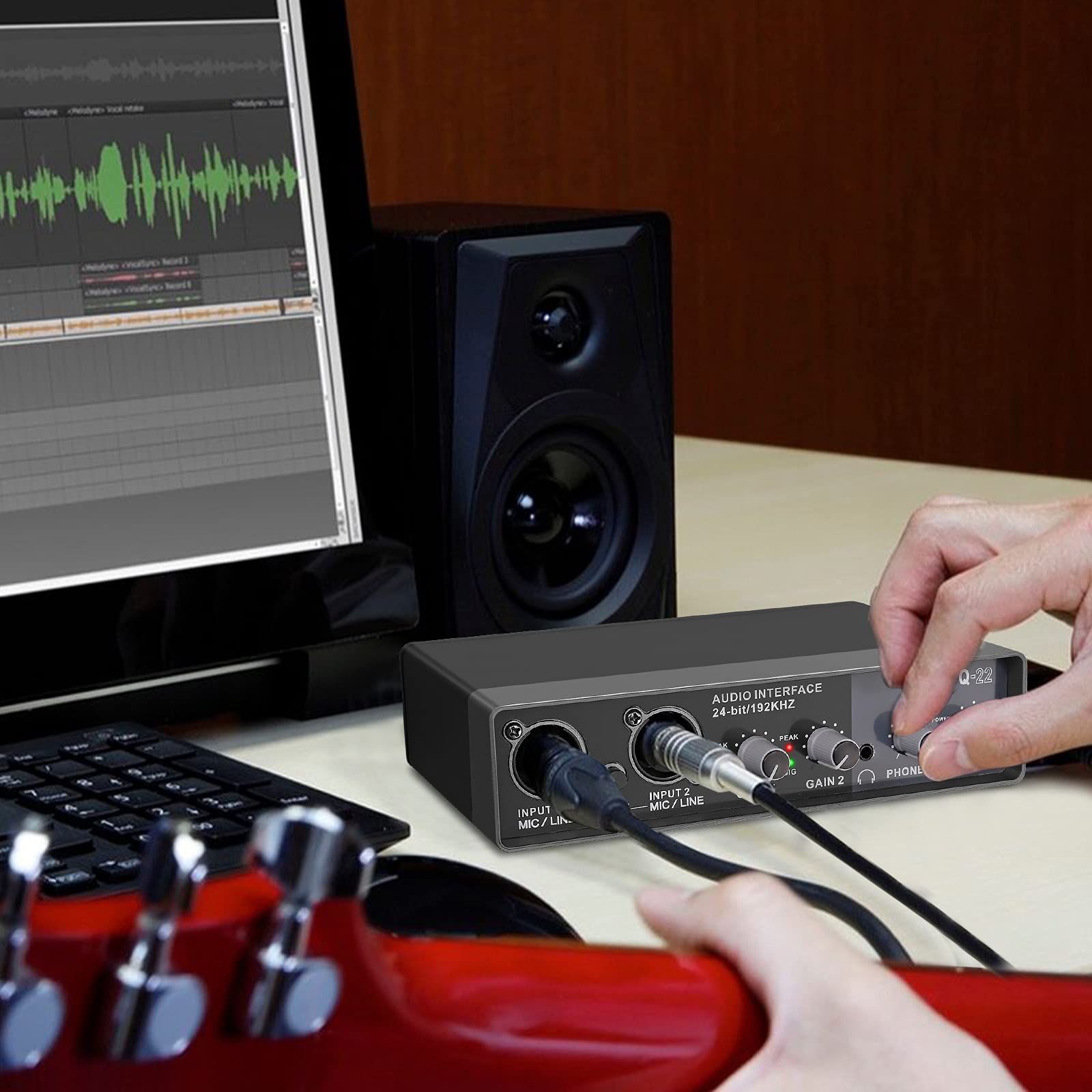 Interfaz de Audio Q-22, tarjeta de sonido con Monitor, mezclador de sonido, guitarra eléctrica para grabación en estudio en vivo, micrófono, alimentación fantasma de 48V