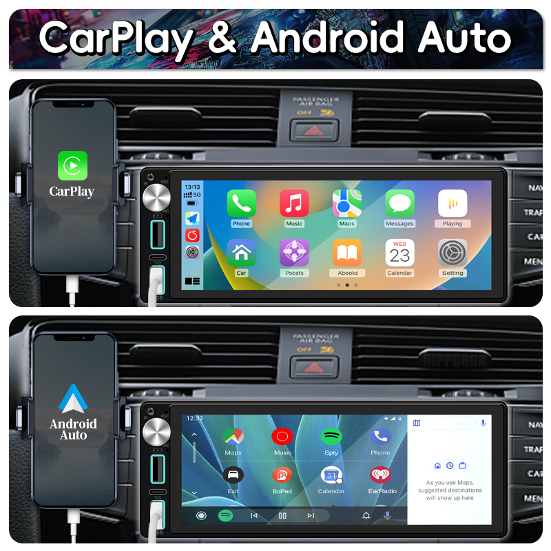 Rádio automotivo 6.86 polegadas carplay android auto 1din reprodutor estéreo de carro vídeo multimídia com bt fm usb tipo-c carga espelho link