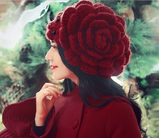 Store blomster perler hætter søde kvinder vinter hat beanies dame hovedbeklædning beanies kvinders vinter hatte kvindelig uld strikket hat: Dyb rød