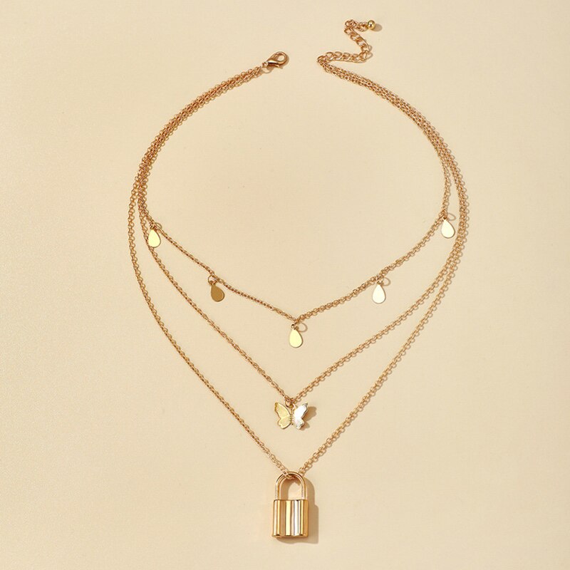 Butterfly Retro Layered Pendant Padlock Necklace Choker Jewelry for Women Girl Party BMF88